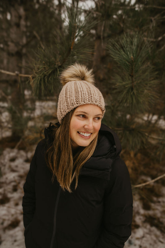 Beige Merino Wool Ribbed Knit Hat with Faux Fur Pom Pom