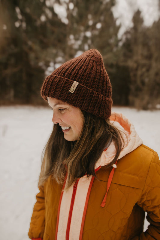 Chocolate Brown Merino Wool Hand Knit Ribbed Beanie