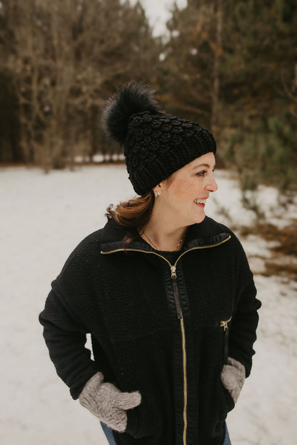 Black Merino Wool Knit Hat with Faux Fur Pom Pom