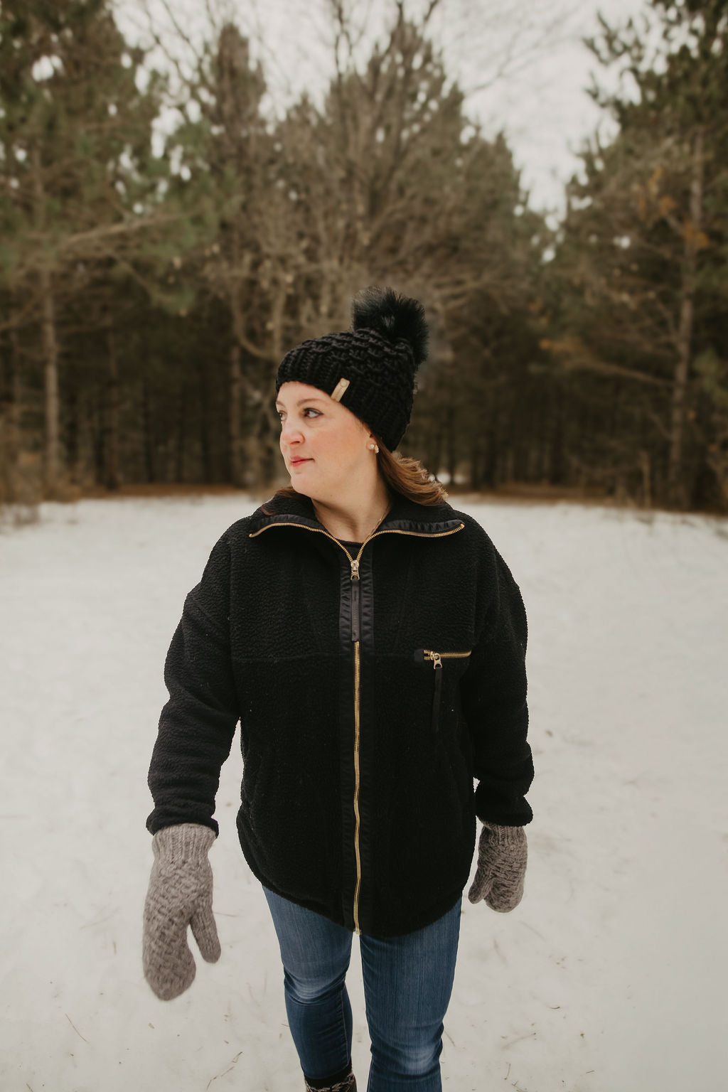 Black Merino Wool Knit Hat with Faux Fur Pom Pom