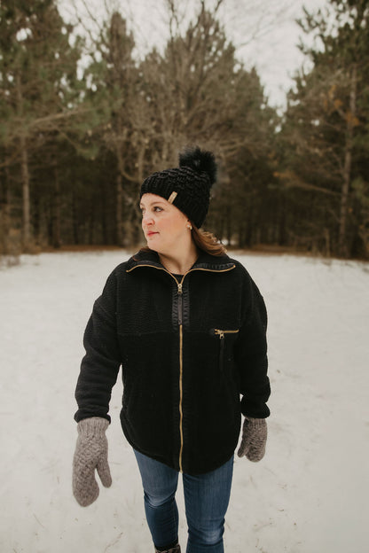 Black Merino Wool Knit Hat with Faux Fur Pom Pom