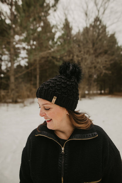 Black Merino Wool Knit Hat with Faux Fur Pom Pom