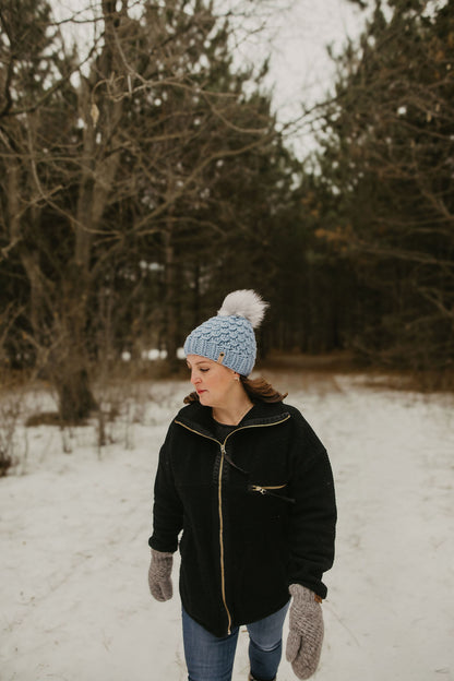 Blue Merino Wool Knit Hat with Faux Fur Pom Pom
