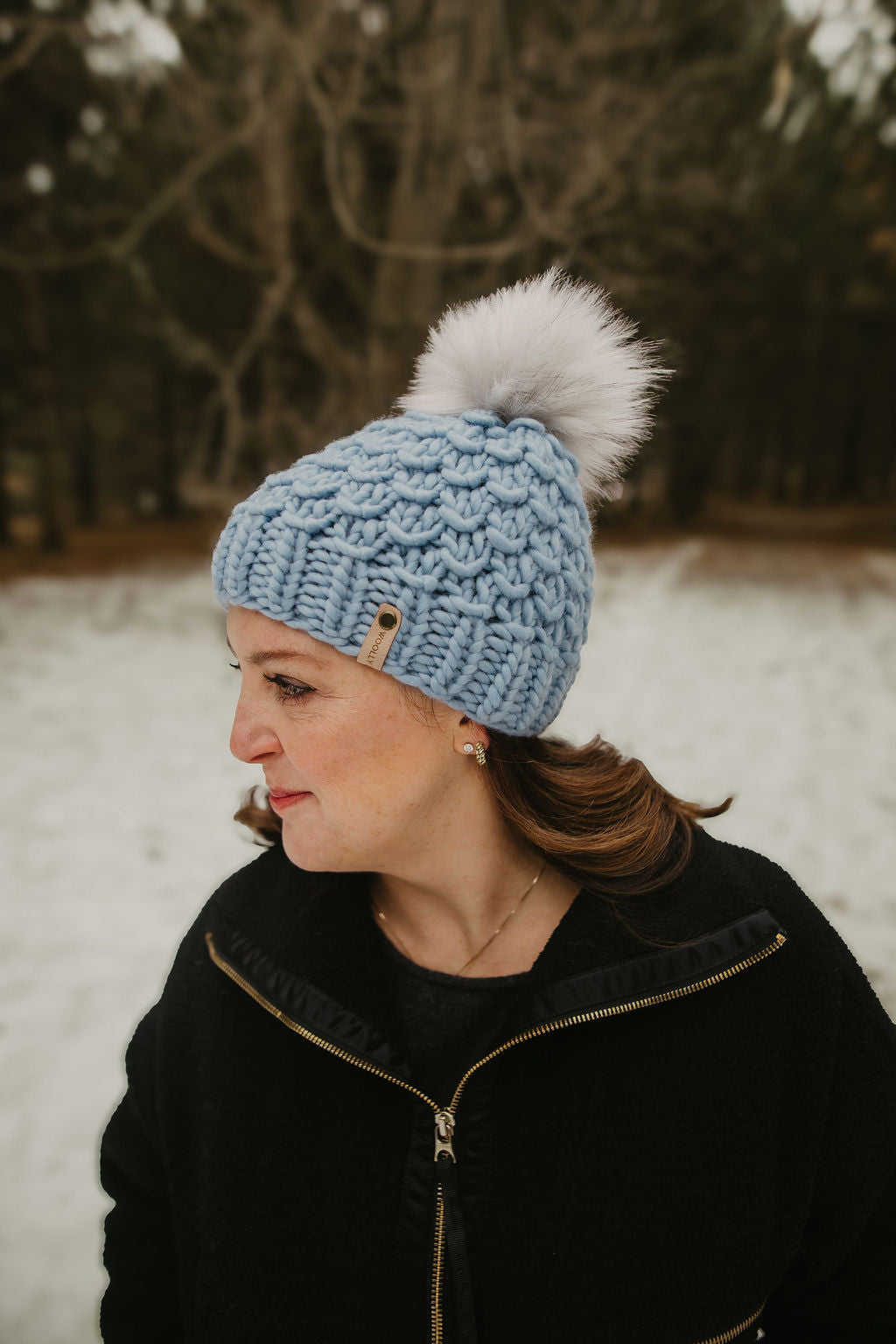 Blue Merino Wool Knit Hat with Faux Fur Pom Pom