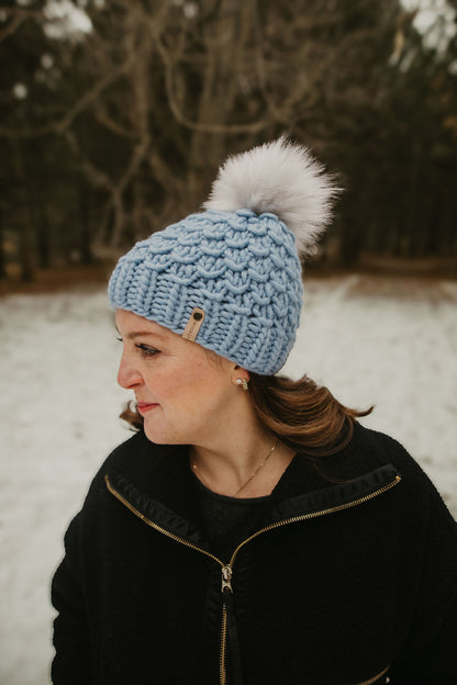 Blue Merino Wool Knit Hat with Faux Fur Pom Pom