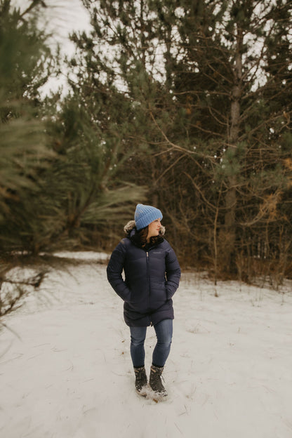 Blue Merino Wool Hand Knit Ribbed Beanie