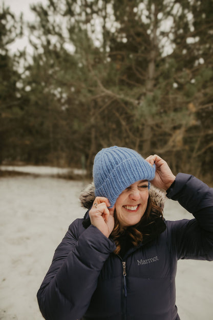 Blue Merino Wool Hand Knit Ribbed Beanie