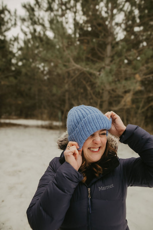 Blue Merino Wool Hand Knit Ribbed Beanie