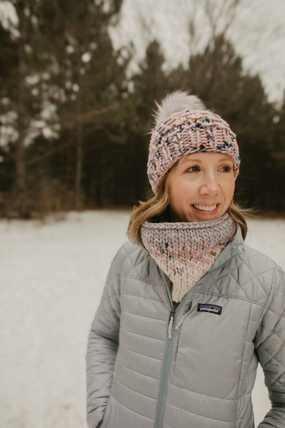 Pink Merino Wool Knit Hat with Faux Fur Pom Pom - Hand-Dyed Yarn