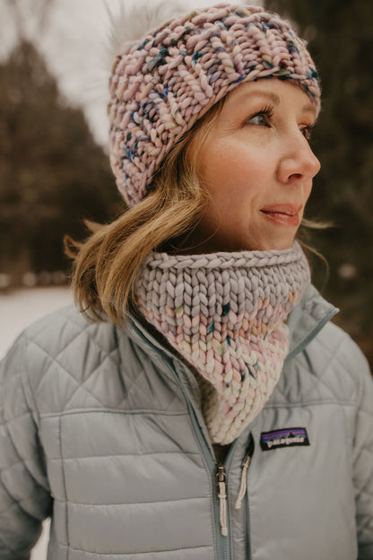 Pink Merino Wool Knit Hat with Faux Fur Pom Pom - Hand-Dyed Yarn