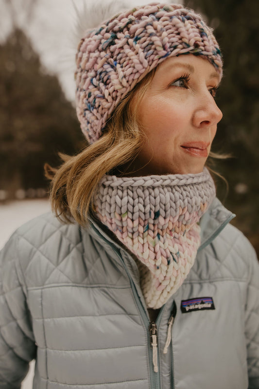 Pink and Gray Merino Wool Fair Isle Hand Knit Cowl