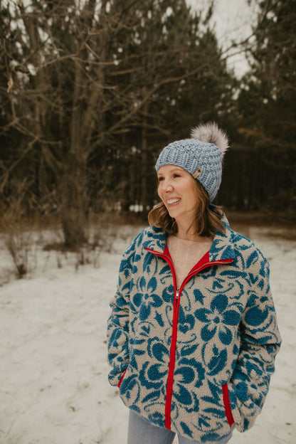 Blue Merino Wool Knit Hat with Faux Fur Pom Pom