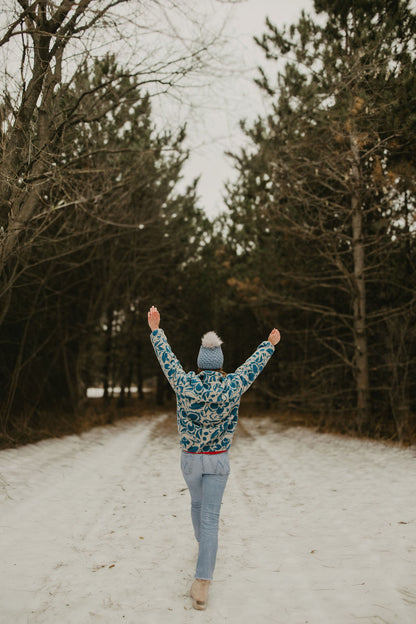 Blue Merino Wool Knit Hat with Faux Fur Pom Pom