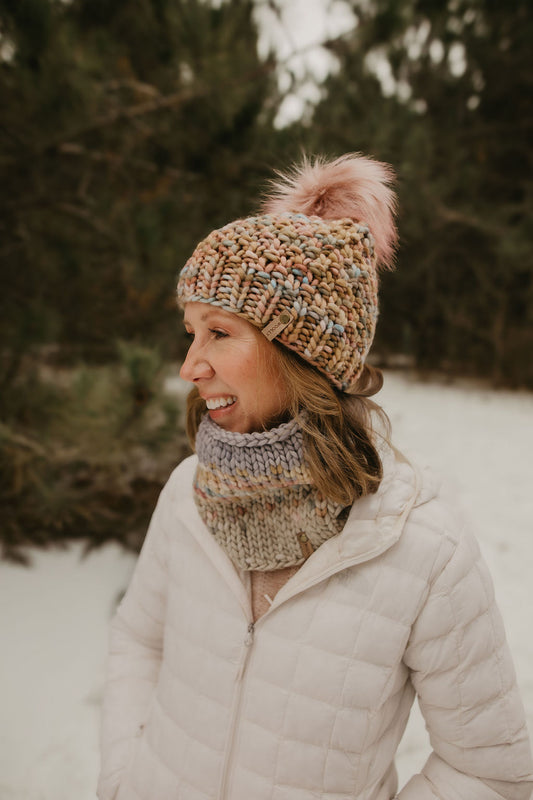Blush Pink, Blue, & Brown Merino Wool Knit Hat with Faux Fur Pom Pom - Hand-Dyed Yarn