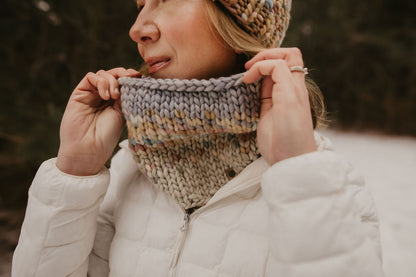 Gray, Blush Pink, and Beige Merino Wool Fair Isle Hand Knit Cowl