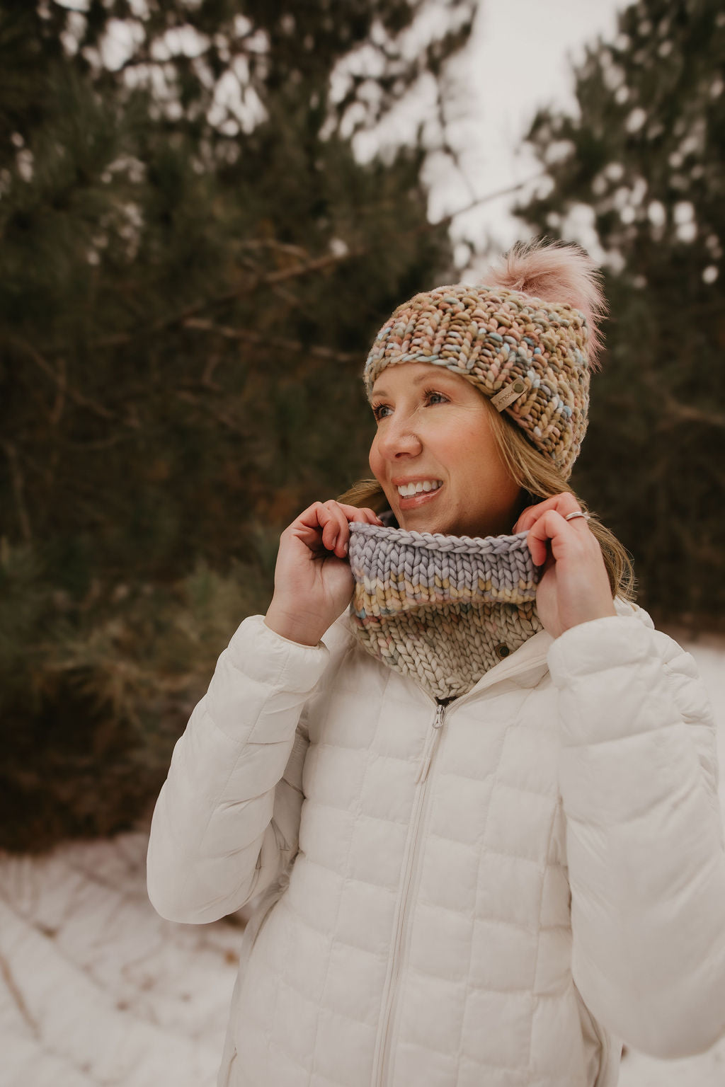 Blush Pink, Blue, & Brown Merino Wool Knit Hat with Faux Fur Pom Pom - Hand-Dyed Yarn