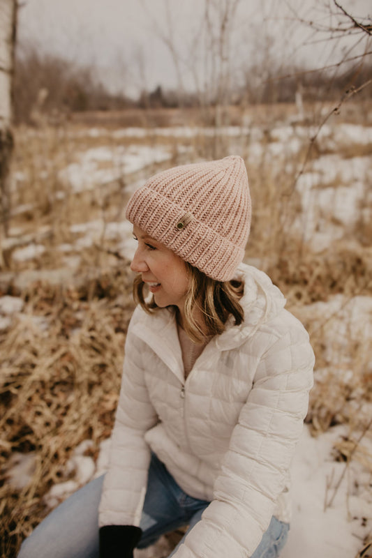 Pink Merino Wool Hand Knit Ribbed Beanie