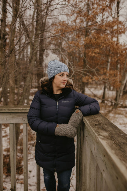 Blue Merino Wool Knit Hat with Faux Fur Pom Pom