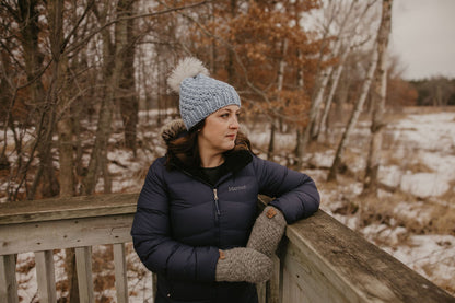 Blue Merino Wool Knit Hat with Faux Fur Pom Pom
