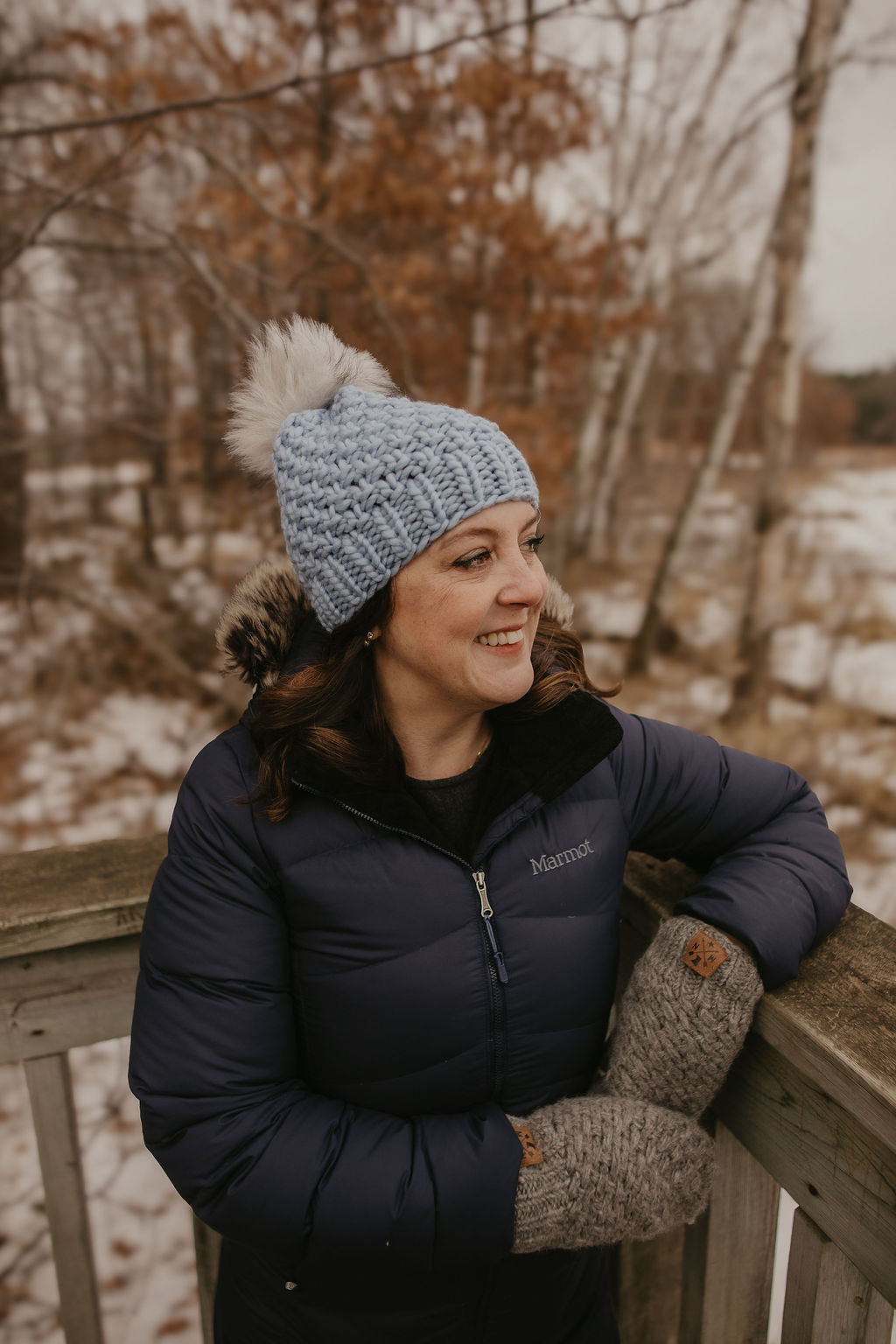 Blue Merino Wool Knit Hat with Faux Fur Pom Pom