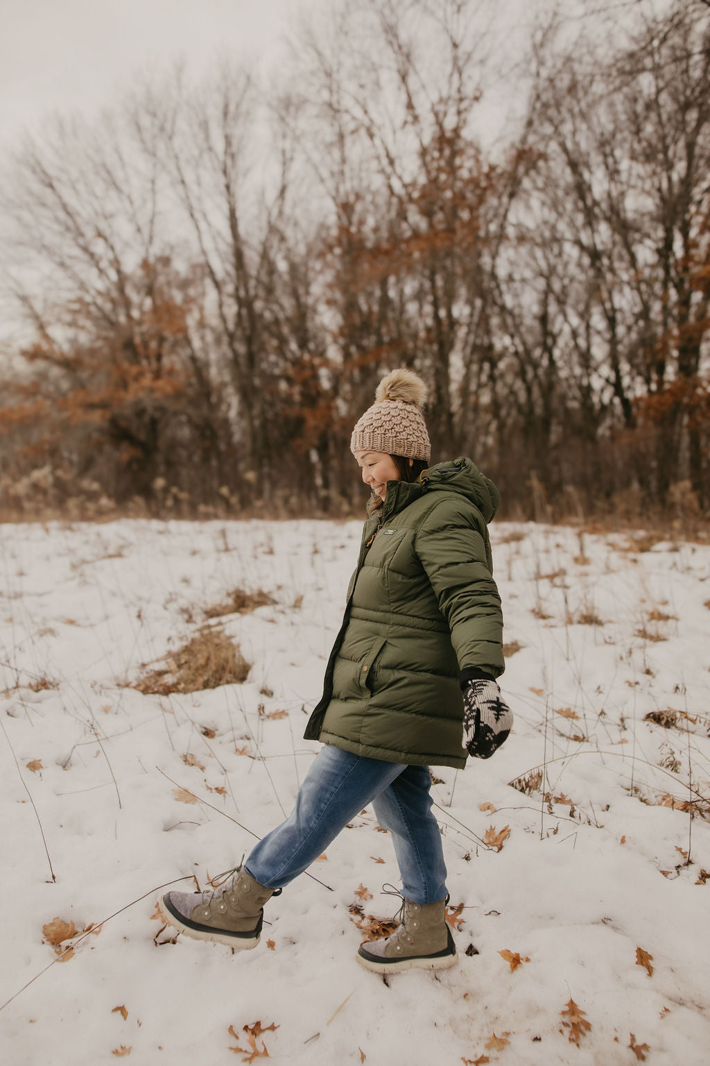 Beige Merino Wool Knit Hat with Faux Fur Pom Pom