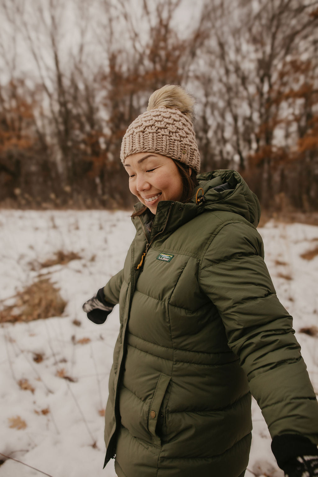 Beige Merino Wool Knit Hat with Faux Fur Pom Pom