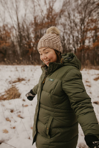 Beige Merino Wool Knit Hat with Faux Fur Pom Pom