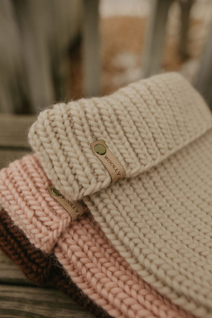 Beige Merino Wool Hand Knit Ribbed Beanie