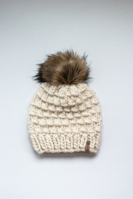 SALE Medium/Large Ivory Peruvian Wool Knit Hat with Faux Fur Pom Pom