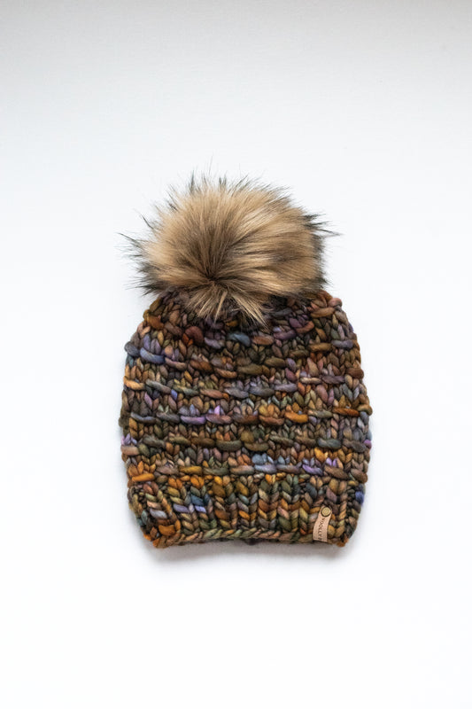 SALE Medium/Large Brown Multi-Color Merino Wool Knit Hat with Faux Fur Pom Pom