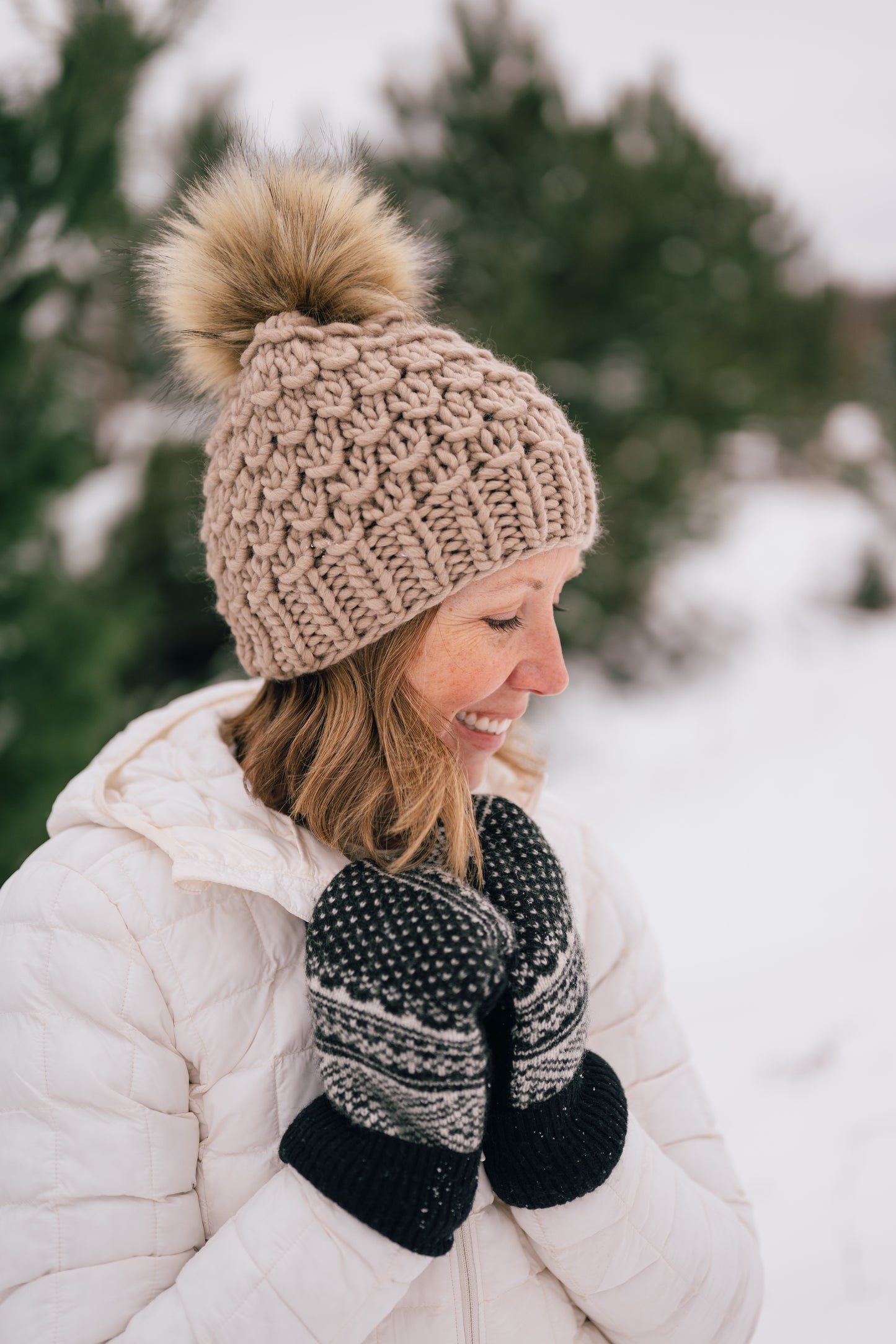 Beige Merino Wool Knit Hat with Faux Fur Pom Pom