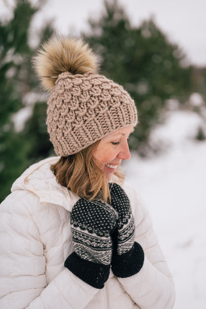 Beige Merino Wool Knit Hat with Faux Fur Pom Pom