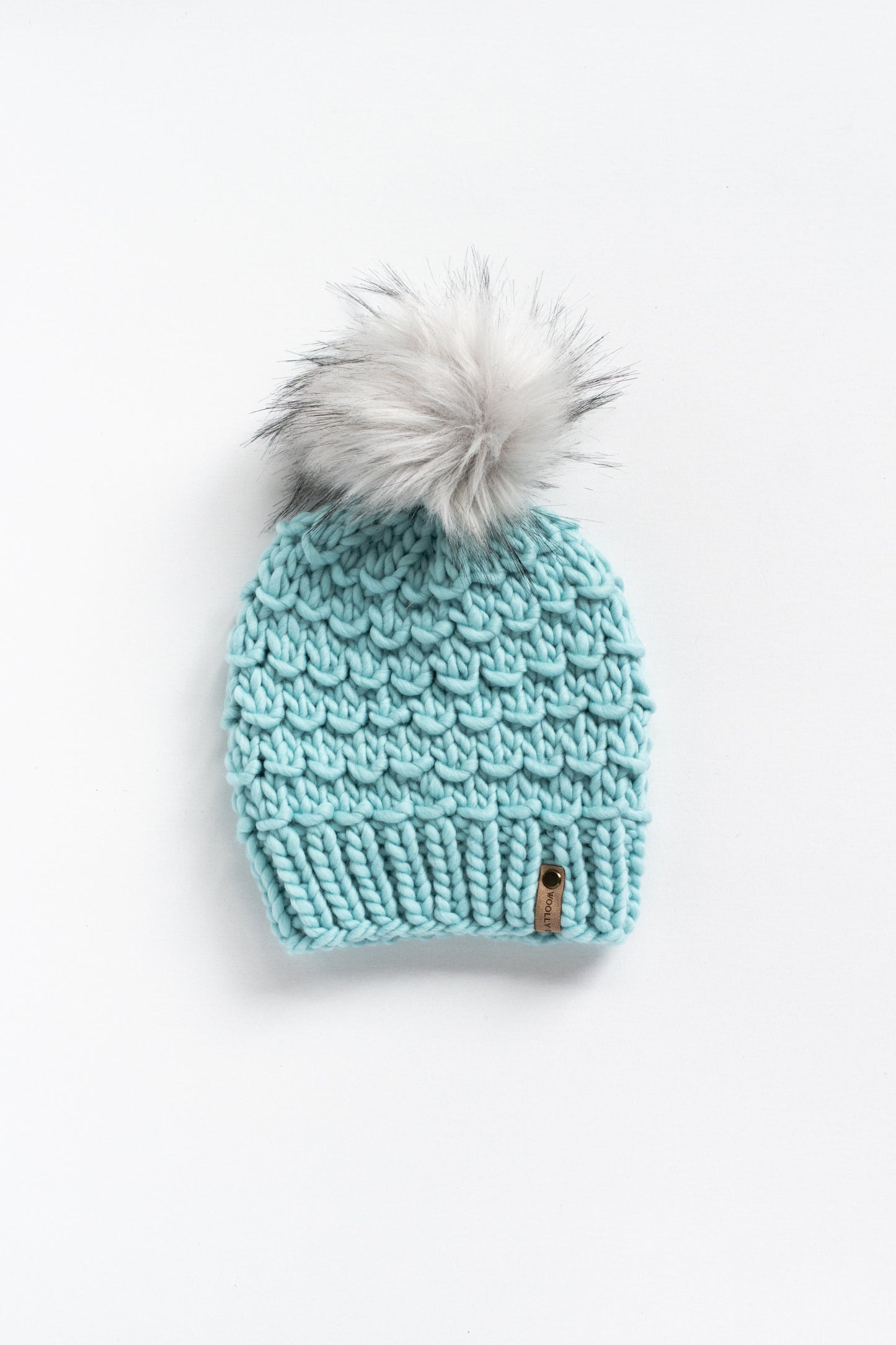 Aqua Merino Wool Knit Hat with Faux Fur Pom Pom