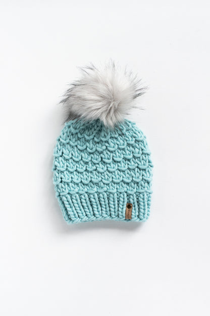 Aqua Merino Wool Knit Hat with Faux Fur Pom Pom