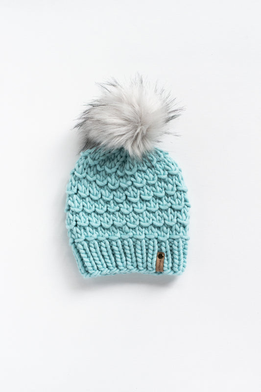 Aqua Merino Wool Knit Hat with Faux Fur Pom Pom