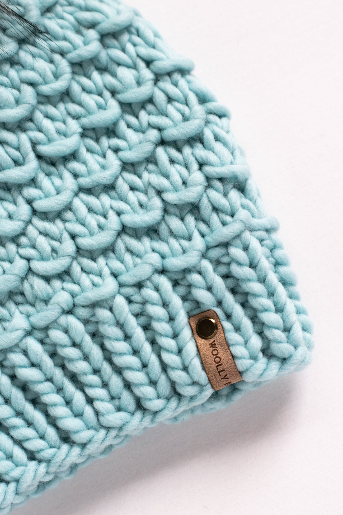 Aqua Merino Wool Knit Hat with Faux Fur Pom Pom