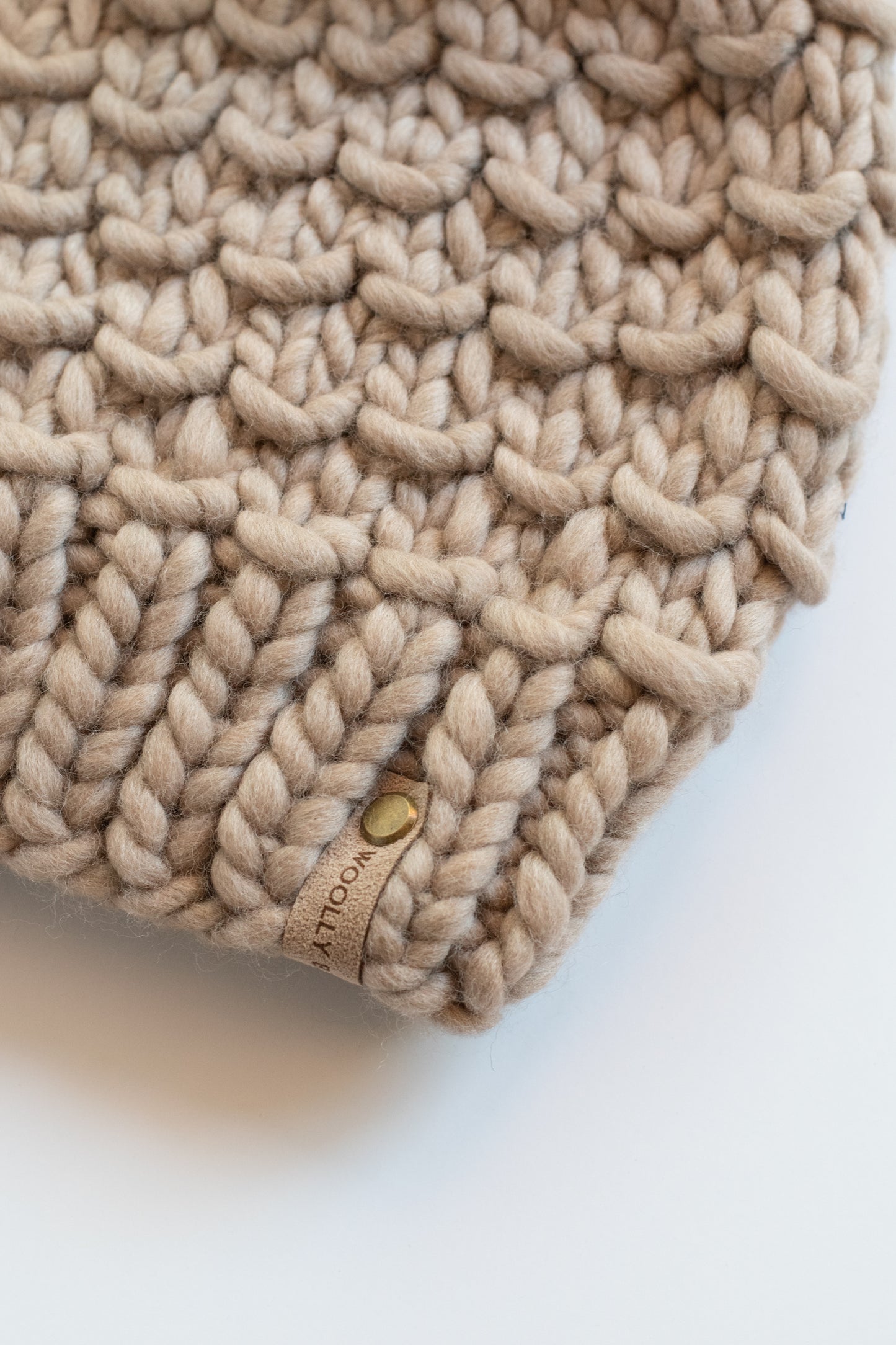 Beige Merino Wool Knit Hat with Faux Fur Pom Pom