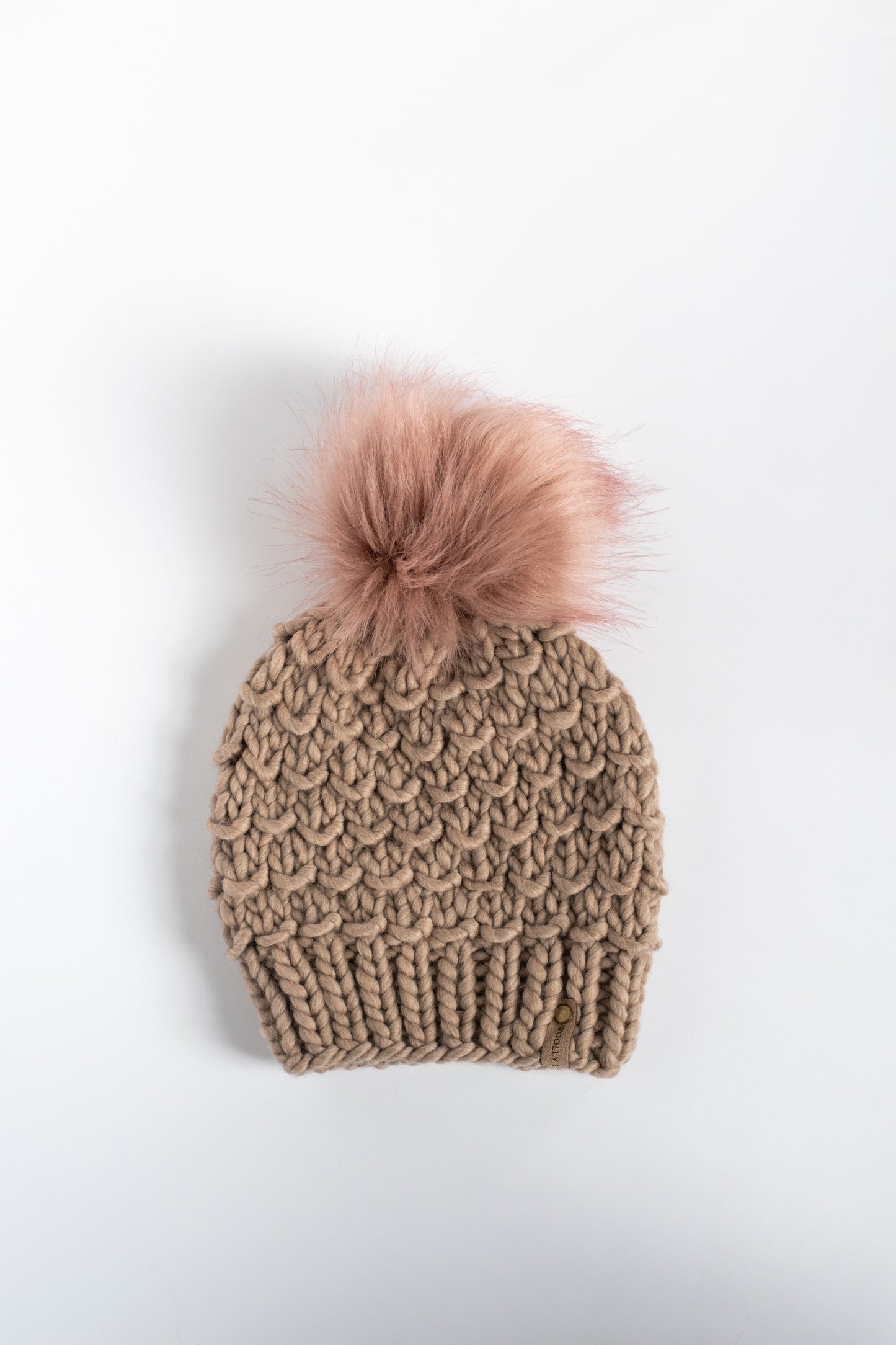 Beige Merino Wool Knit Hat with Faux Fur Pom Pom