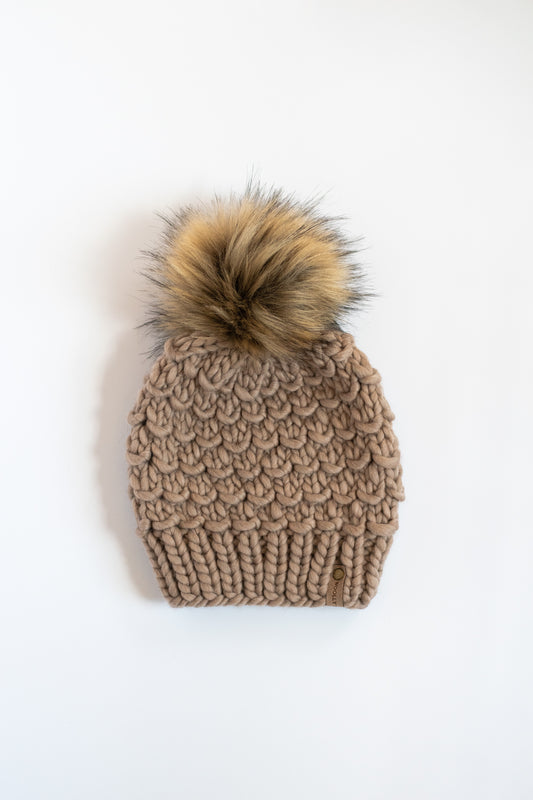 Beige Merino Wool Knit Hat with Faux Fur Pom Pom