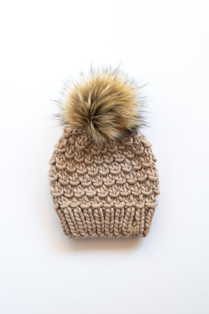 Beige Merino Wool Knit Hat with Faux Fur Pom Pom