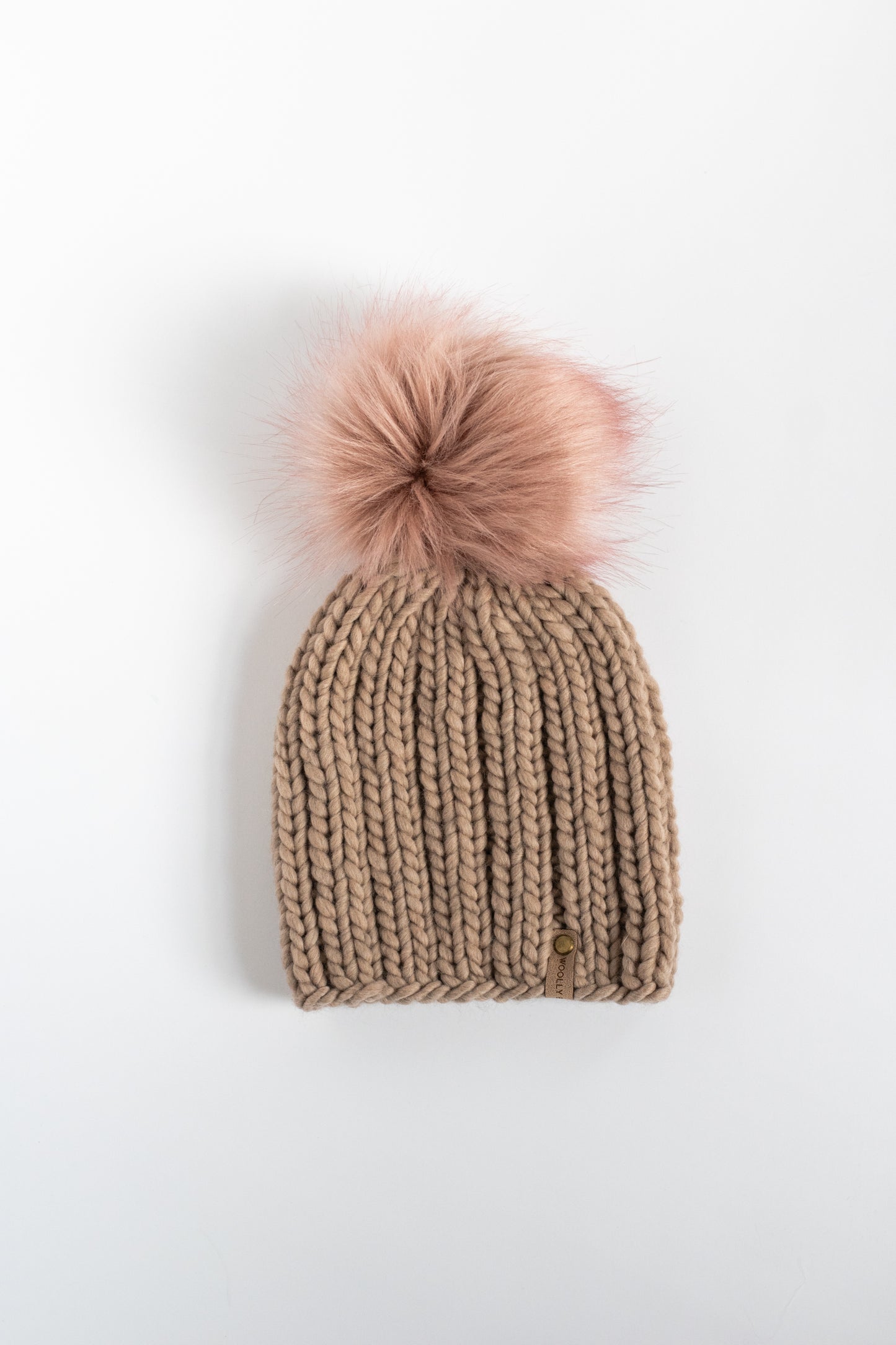 Beige Merino Wool Ribbed Knit Hat with Faux Fur Pom Pom