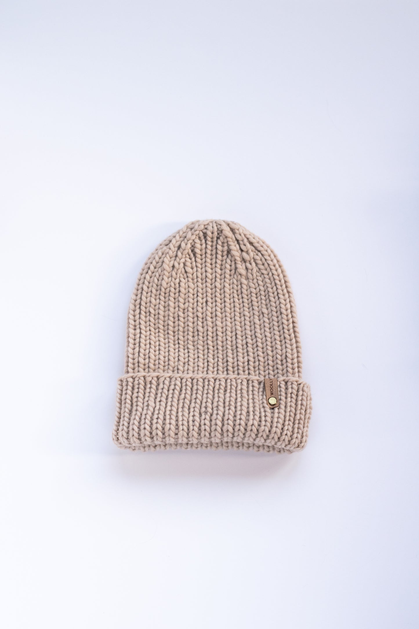 Beige Merino Wool Hand Knit Ribbed Beanie