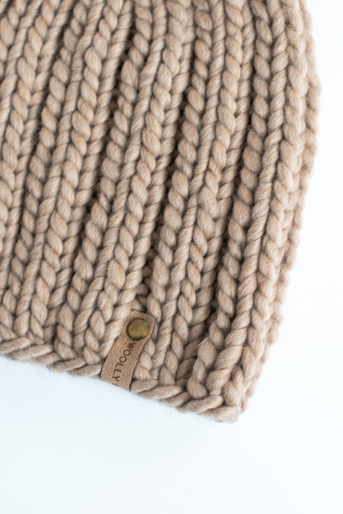 Beige Merino Wool Ribbed Knit Hat with Faux Fur Pom Pom