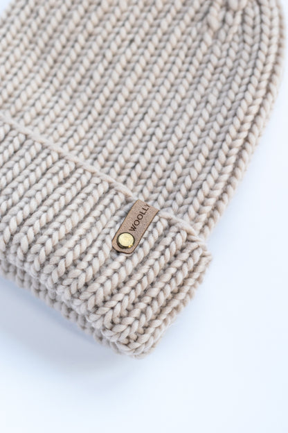 Beige Merino Wool Hand Knit Ribbed Beanie