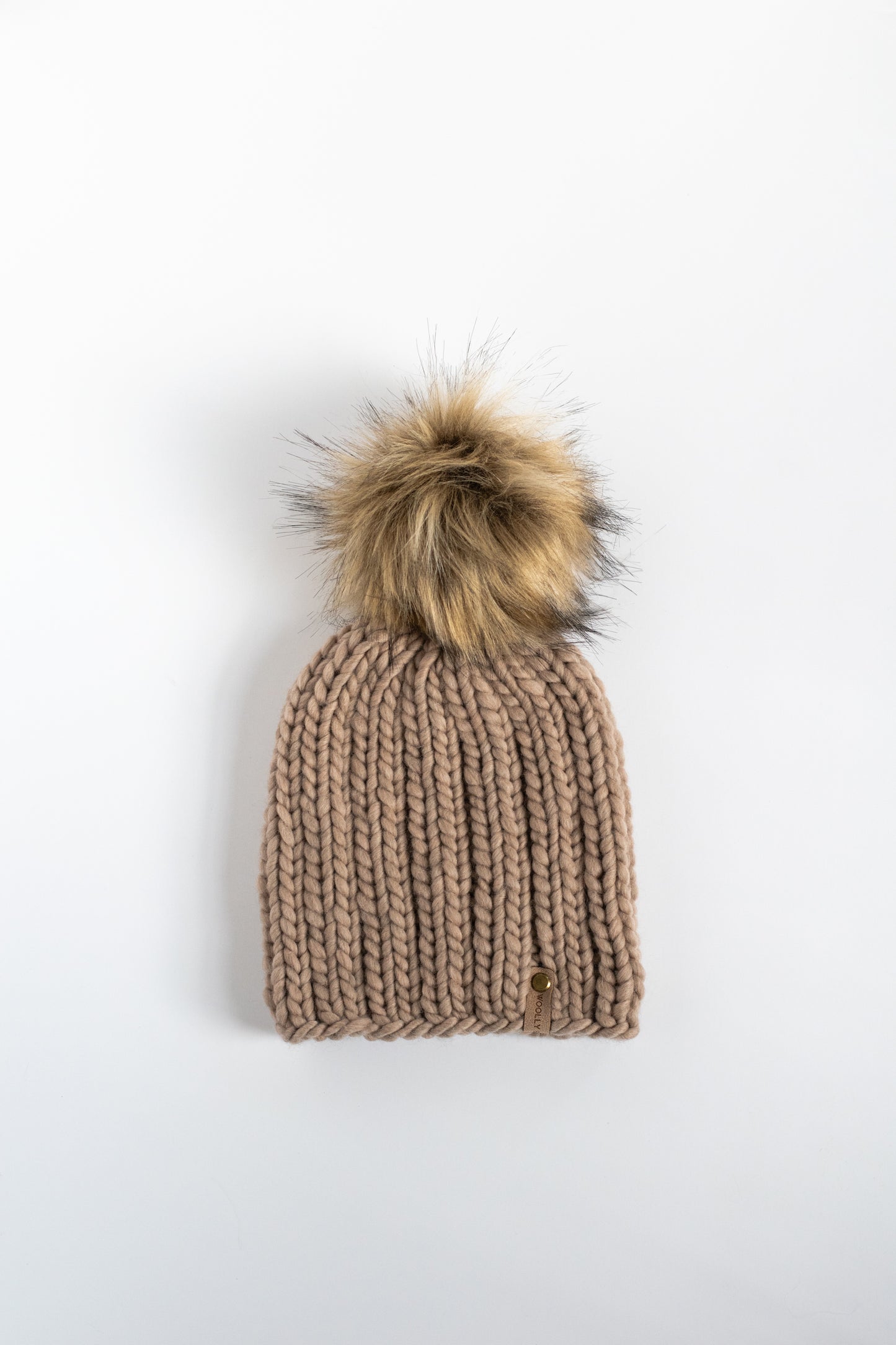 Beige Merino Wool Ribbed Knit Hat with Faux Fur Pom Pom