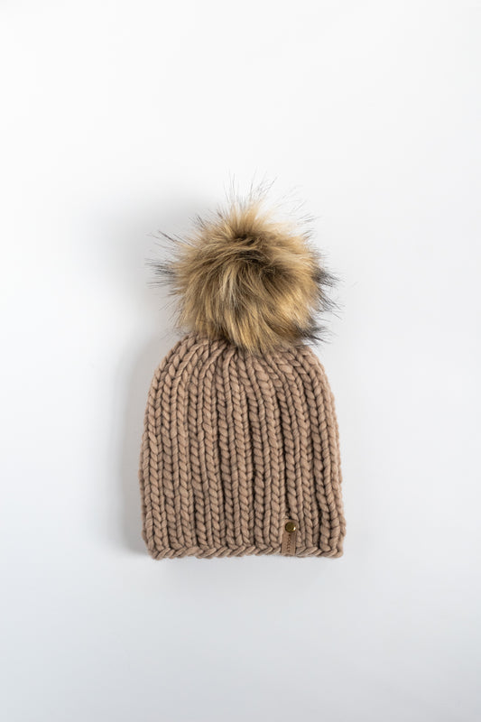 Beige Merino Wool Ribbed Knit Hat with Faux Fur Pom Pom