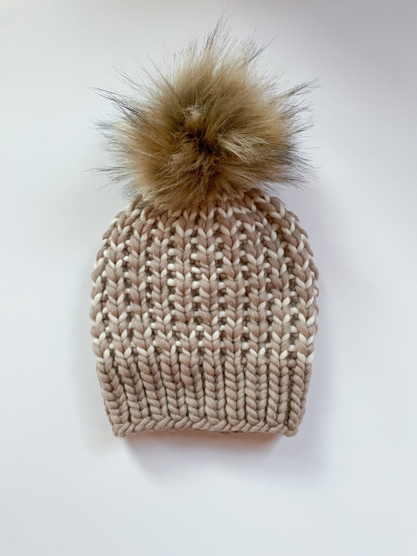 Reserved: Beige and Ivory Striped Merino Wool Knit Hat with Faux Fur Pom Pom