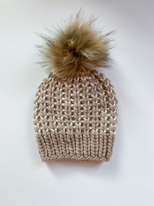 Reserved: Beige and Ivory Striped Merino Wool Knit Hat with Faux Fur Pom Pom