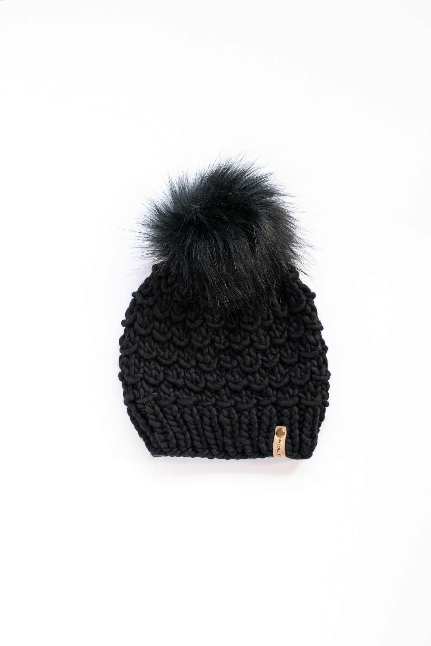 Black Merino Wool Knit Hat with Faux Fur Pom Pom