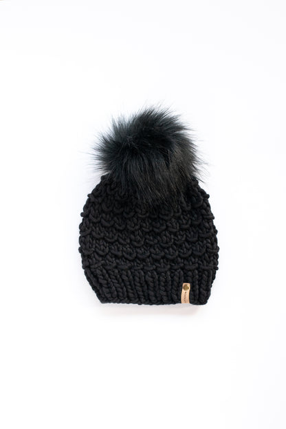 Black Merino Wool Knit Hat with Faux Fur Pom Pom